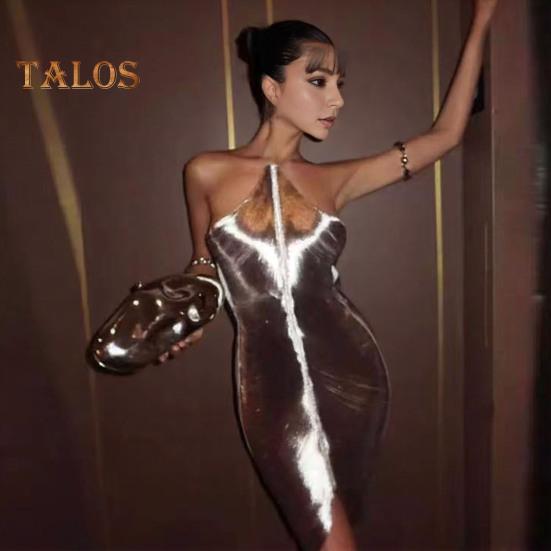 Women Party Dress Glossy Tassel Halter Neck Backless Sleeveless Split Hem Solid Color Slim Fit Off Shoulder Club Party Banquet Mini Dress