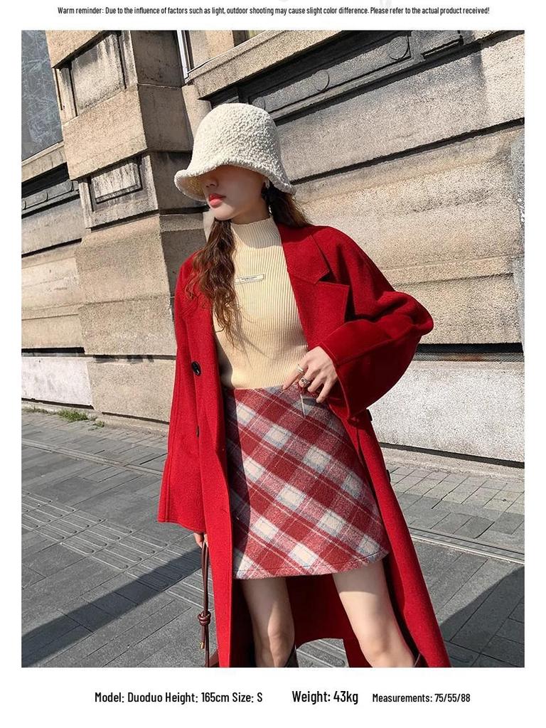 2025 Autumn/Winter Women's High-Waisted Plus Size Yellow Plaid Wool Mini Skirt