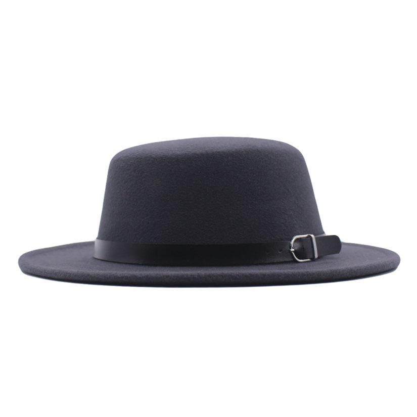 European and American new flat-brimmed flat-top hat woolen top hat women's fashion black belt jazz hat Panama hat
