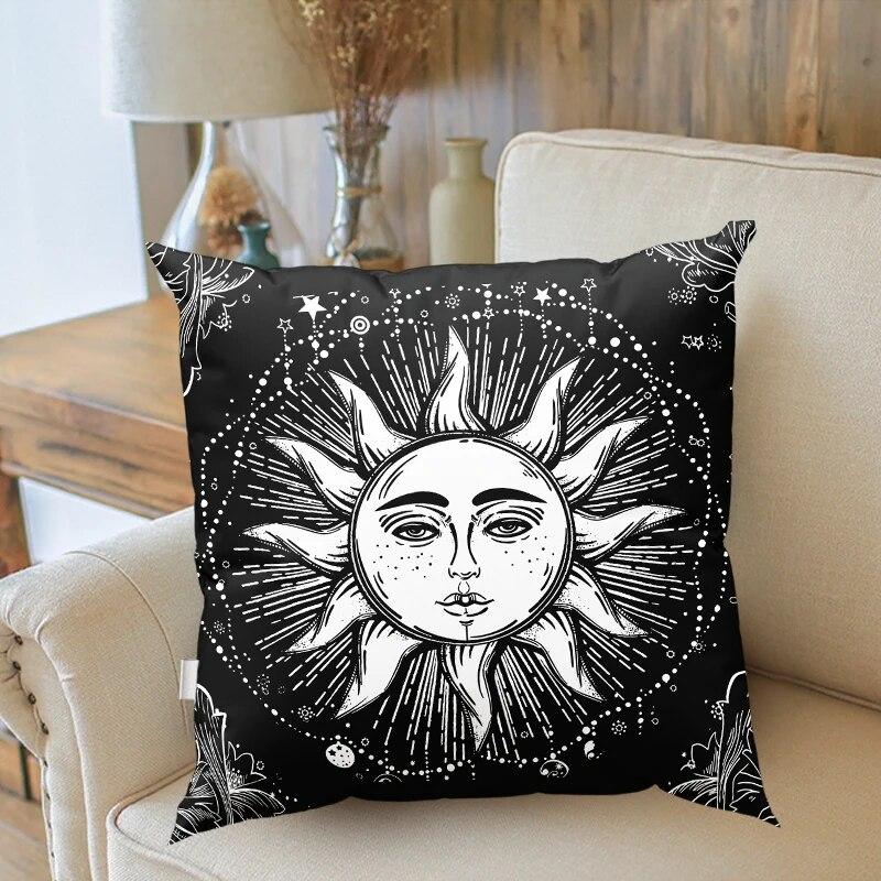 Tarotkarte Sonne Mond Sterne Schwarzweiß Mandala-Druck Kissenbezug Mysterium Wahrsagerei Dekoration Sofa Heimdekor Kissenbezug