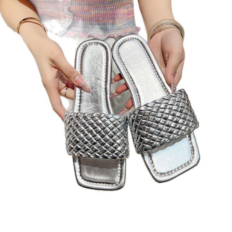 Large Size Flat-bottomed Slippers Women's Outer Wear Casual Simple Solid Color One-word Woven Belt Women's Slippers Slippers