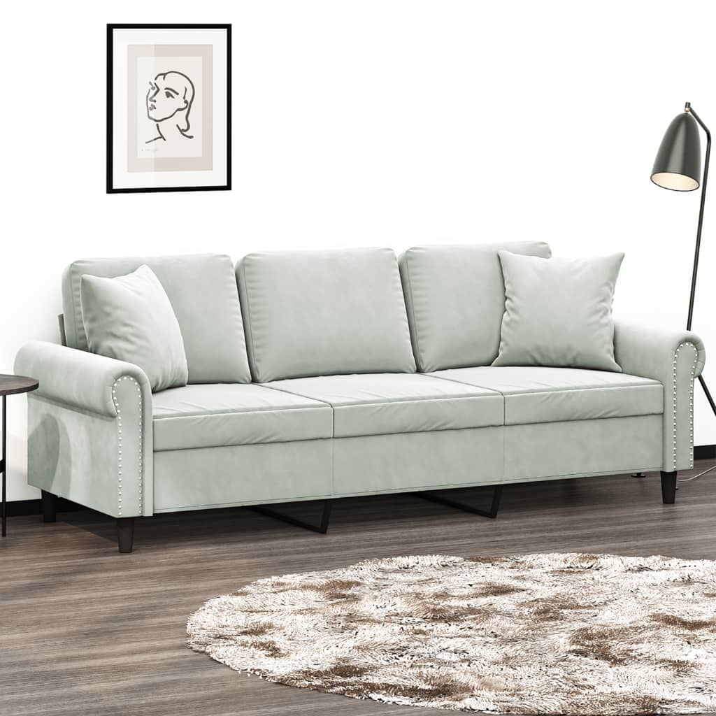 Vidaxl 3-Seater Sofa With Cushions, Light Gray, 180 Cm, Velvet