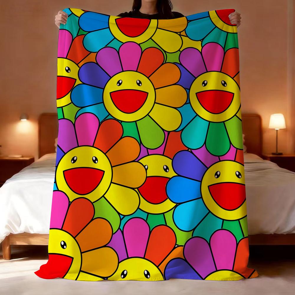 Smiling Flower Artwork Takashi Murakami Throw Lightweight 240g Flannel Blanket Soft Skin-friendly for Summer Cooling 75X95CM