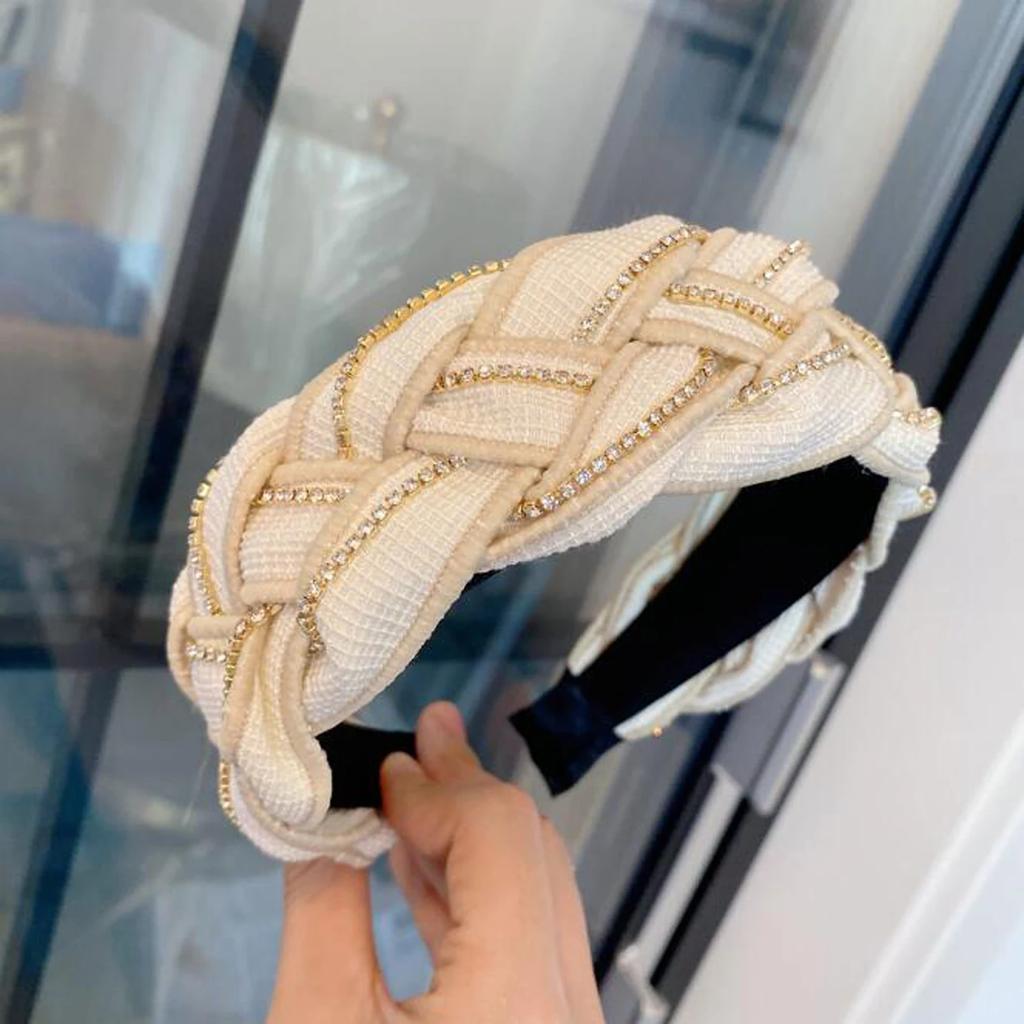 New Fashion Headband For Women Wide Side Turban Handmade Braided Headwear Shining Rhinestone Hair Accessories