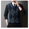 Autumn and Winter V-neck Sweater Men's Pullover Base Sweater Diamond Grid Jacquard Chicken Heart Collar Knitted Sweater