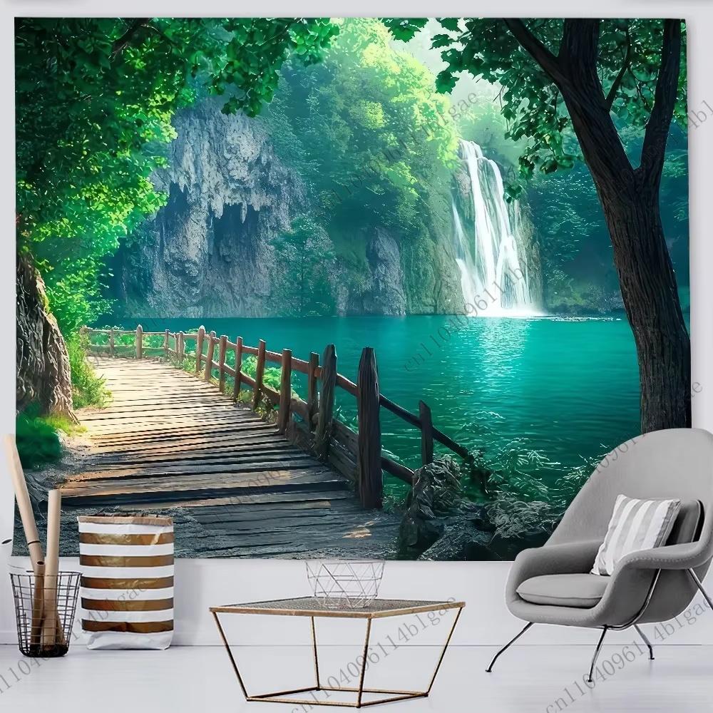 Lakeside Wooden Path And Waterfall Elegance Art Tapestry Scenic Wall Tapestry Dreamy Home Decor Cloth Bedroom Realm Art 95x73cm