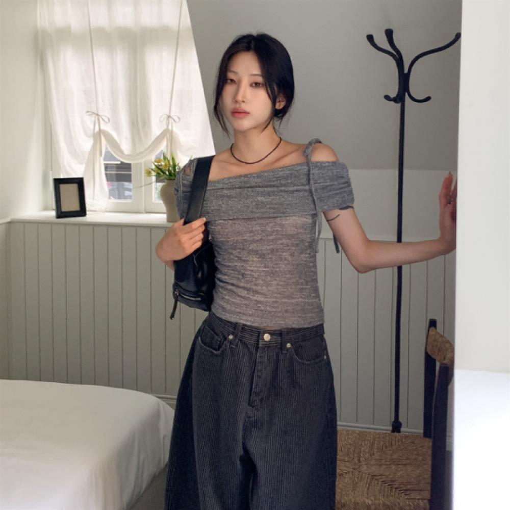 New Arrivals Open Run Women Summer Sheer Off Shoulder Knit Top