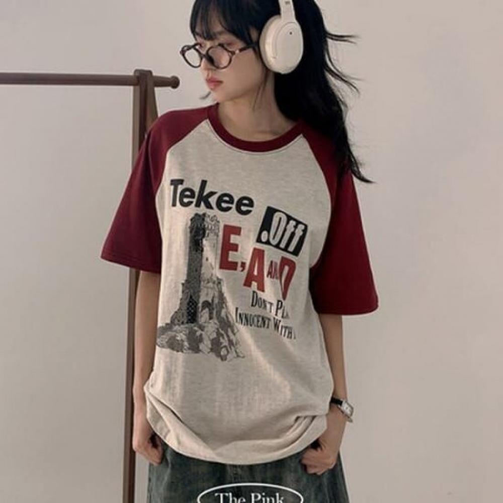 The Pink Kio Oversized Raglan Color Blocking PrinT T shirT