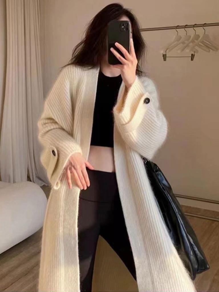 Long Knit Cardigan Sweater Women's New Style Loose Outerwear Korean Lazy Style Top Coat