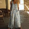 Women's Floral Printed Wide Leg Jumpsuit Sleeveless Button Front Romper Summer Casual Loose Overall with Pockets