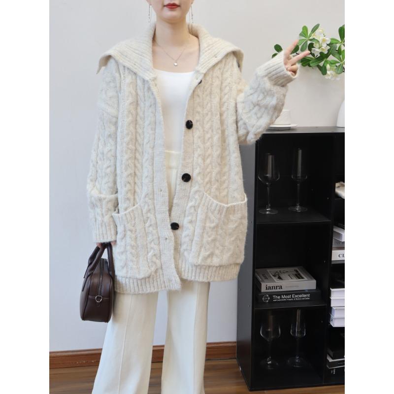 Autumn and winter new medium and long lapel loose twist knitted cardigan lazy wind sweater jacket women