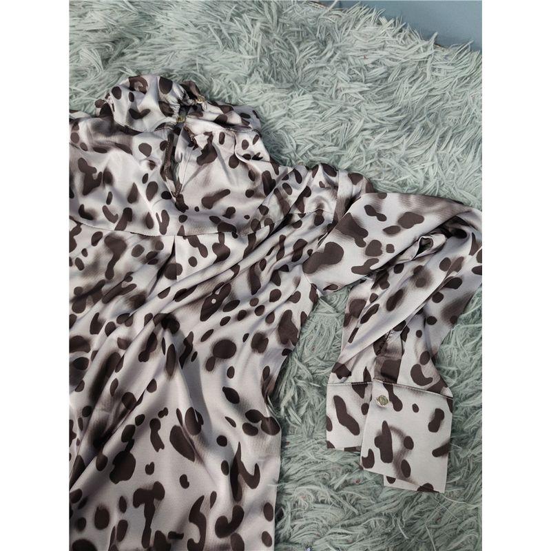 French Style Temperament 2025 Early Spring New Arrival Purple Pink Print Fashion Smooth Satin Long Sleeve Stand Collar Shirt Leopard Print Tops