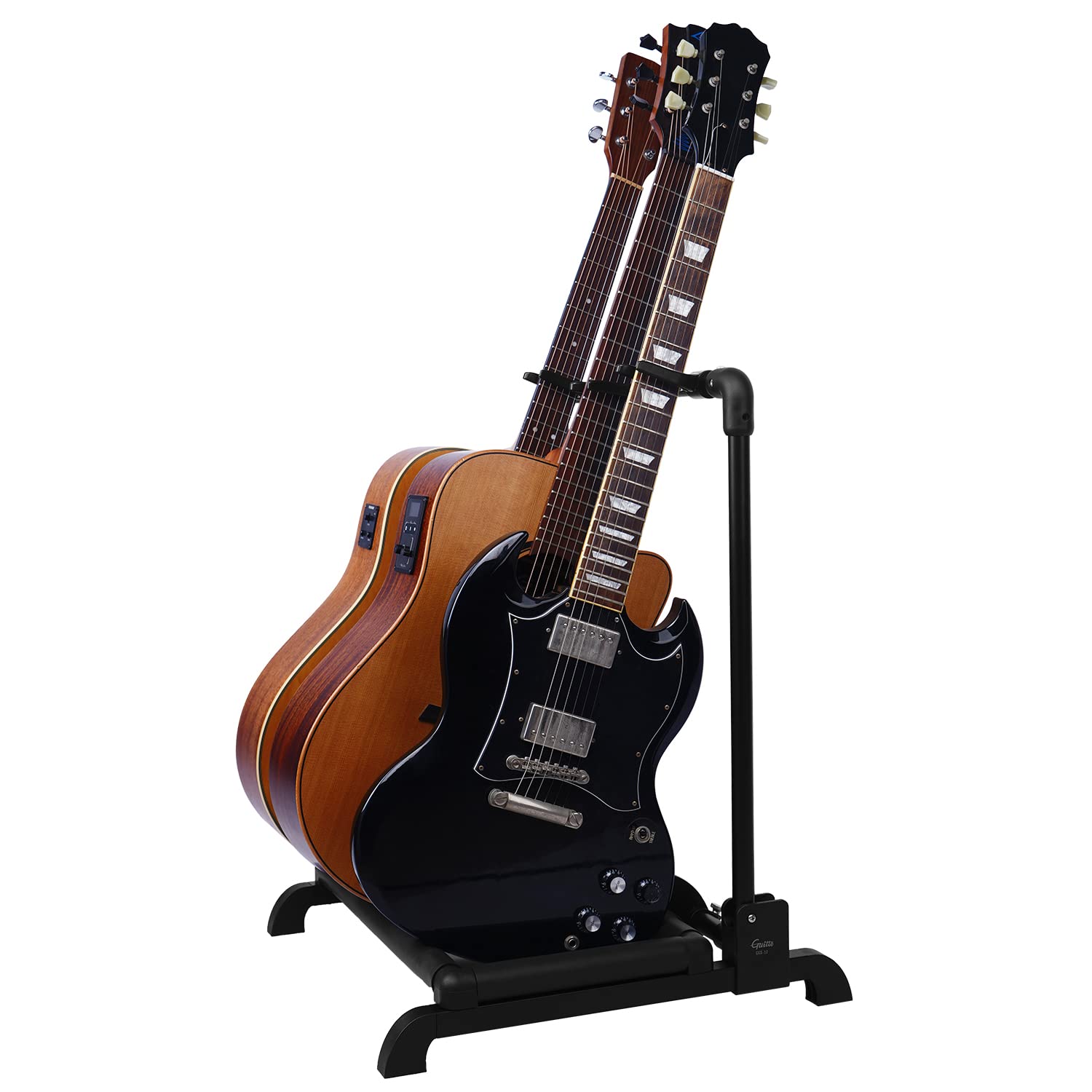 

The GUITTO Plastic Multi Guitar Rack Stand is a foldable universal display rack for band and stage and can hold acoustic a portable guitar holder 3 чорний