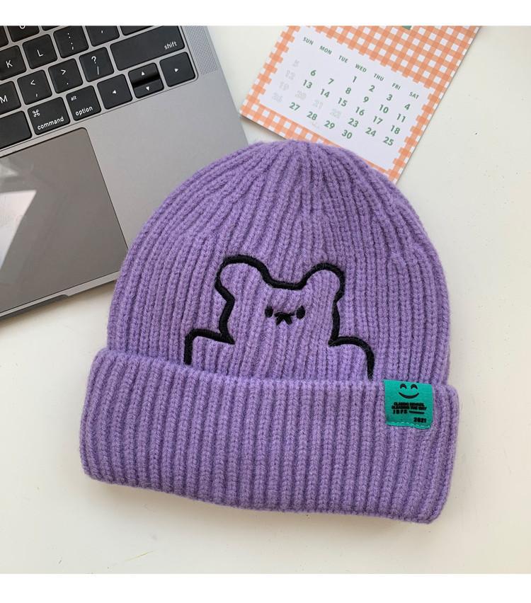 Deepsea Cute Bear Embroidered Knit Hat Korean Style Thickened Ear Protection Cold Hat For Women