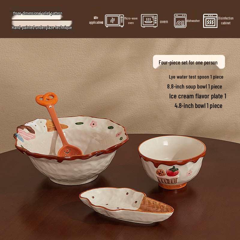 Süßes geprägtes Apfel Keramik Geschirr Set: Eisplatte, Reisschüssel, Nudelsuppenschüssel, Salat- und Pastateller