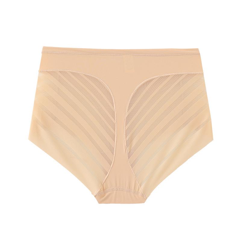 Plus Size Mid-Waist Women's Briefs - Light Tummy Control, Hip-Lifting, Striped Mesh, Breathable, Thin, Pure Cotton Crotch.