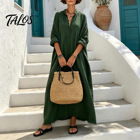 Beach Dress for Women Summer Maxi Women, V-Neck Casual Oversized Boho Long Elegant Dress, Sleeve Button Up Vacation Sundress with Pockets Lightweight
