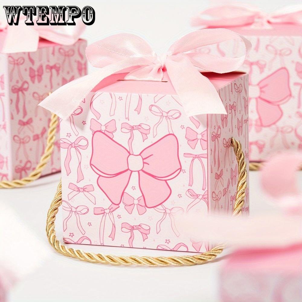 25pcs Pink Bow Gift Boxes with Ribbon and Handle Paper Treat Boxes Souvenir Gifts Box Handbag Box Party Favor Boxes Gift Wrap Box