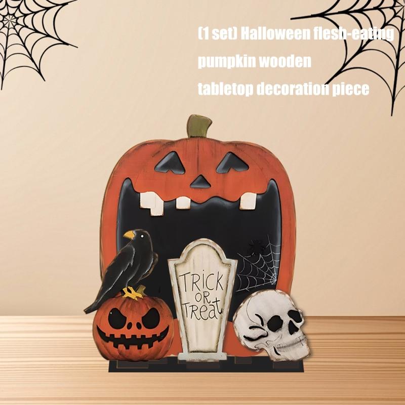 Handcrafted Scary Pumpkins Table Ornament Solid Wood Carving Halloween Home Festival Shelf Display