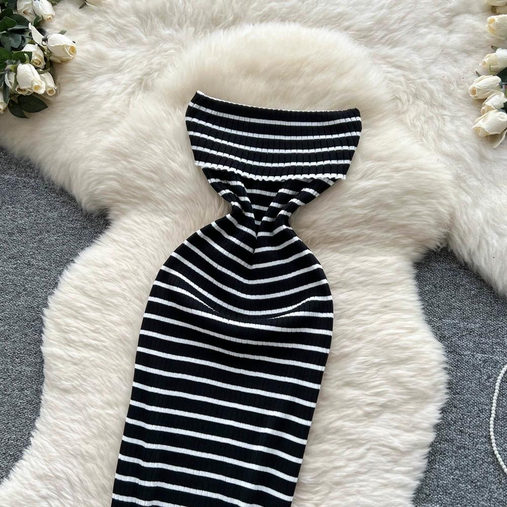 Summer Women Sexy Strapless Striped Knitted Sweater Office Work Sheath Dresses