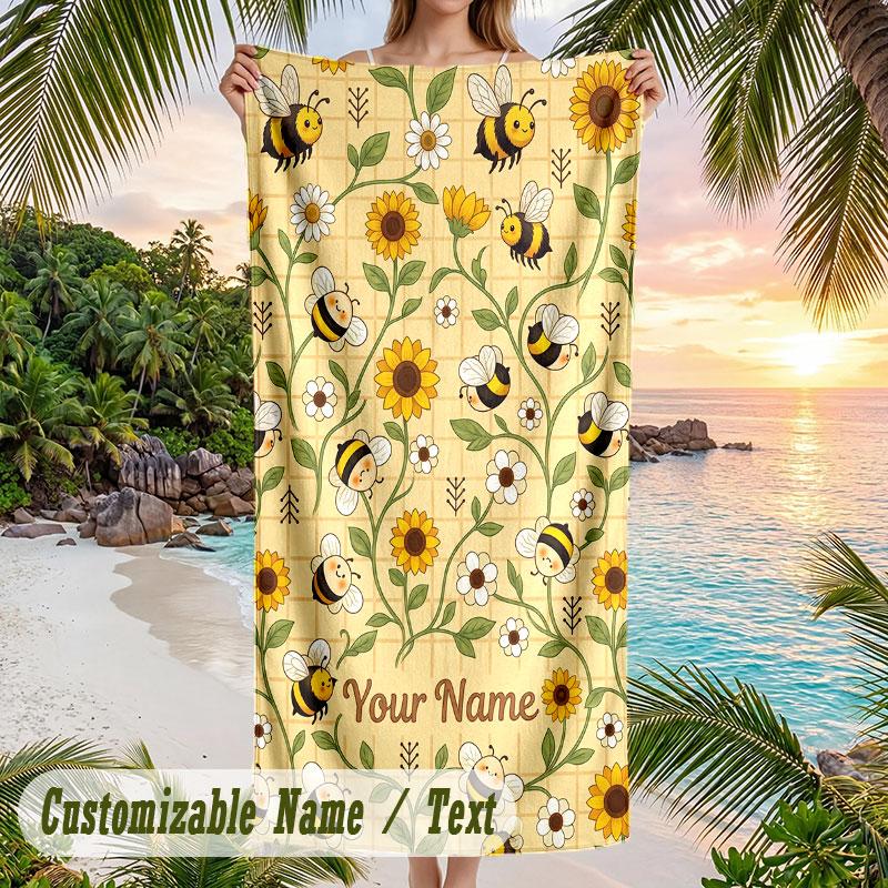 Bee Floral Garden Theme Quick Dry Beach Towel Custom Name Text Print Large Sand Resistant Towel Beach Vacation