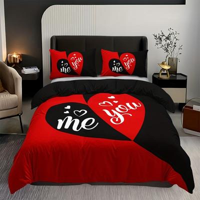 Ensemble de housse de couette romantique imprimé amour noir et rouge pour couple 3 pièces