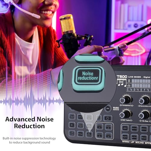 Btuty Soundboard Audio Mixer Live Sound Card with Dynamic LED Colorful Lights, BT Wireless, Plug and Play, One-Click Noise Reduction, Rechargeable for
