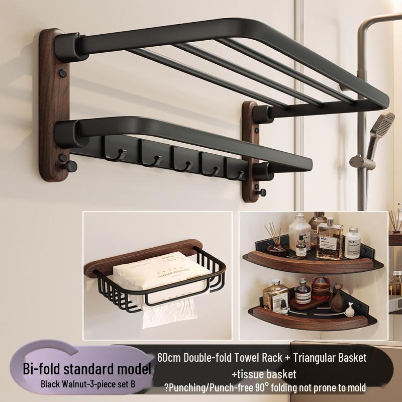 Handon Walnut Wood Folding Bathroom Towel Rack & Storage Set