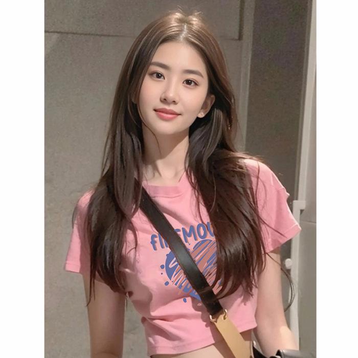 

Женская облегающая хлопковая футболка с коротким рукавом и принтом - летний укороченный стиль Large розовый