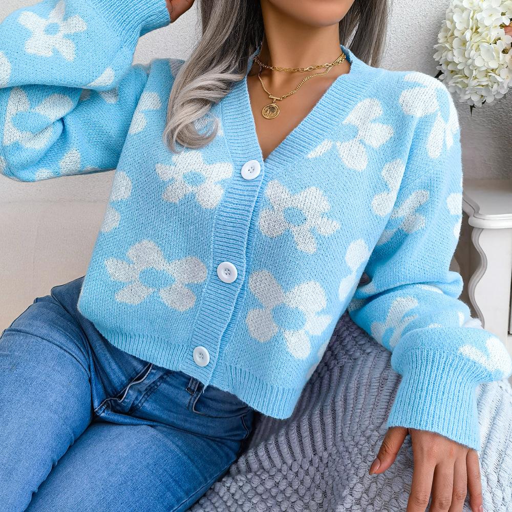 Podzim Zima Kontrastní barva Květina Lucerna Rukáv Svetr Výstřih do V Jednořadý pletený kardigan