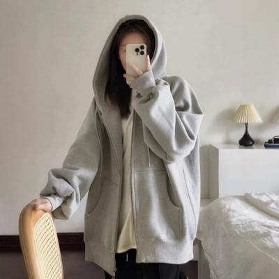 Damen Zip-Up Hoodies Übergroß Langarm Sweatshirt Fleecegefüttert Kapuzenmantel mit Taschen
