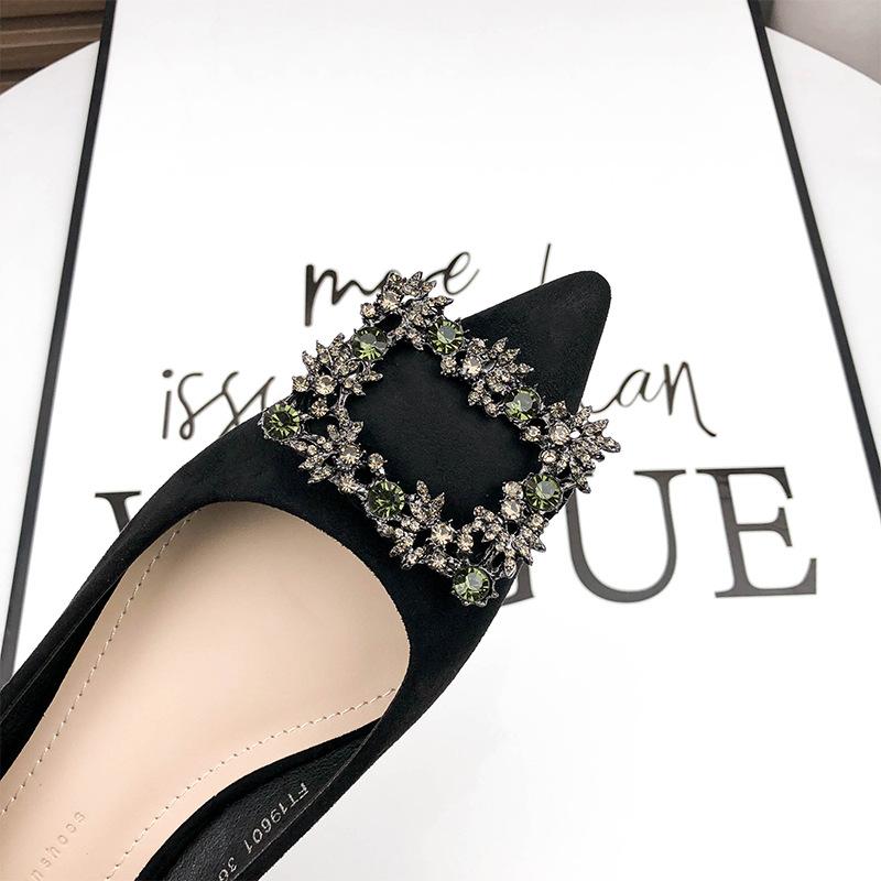 - Flat shoes women's summer black velvet professional pointed temperament rhinestone suede single shoes professional versatile soft sole