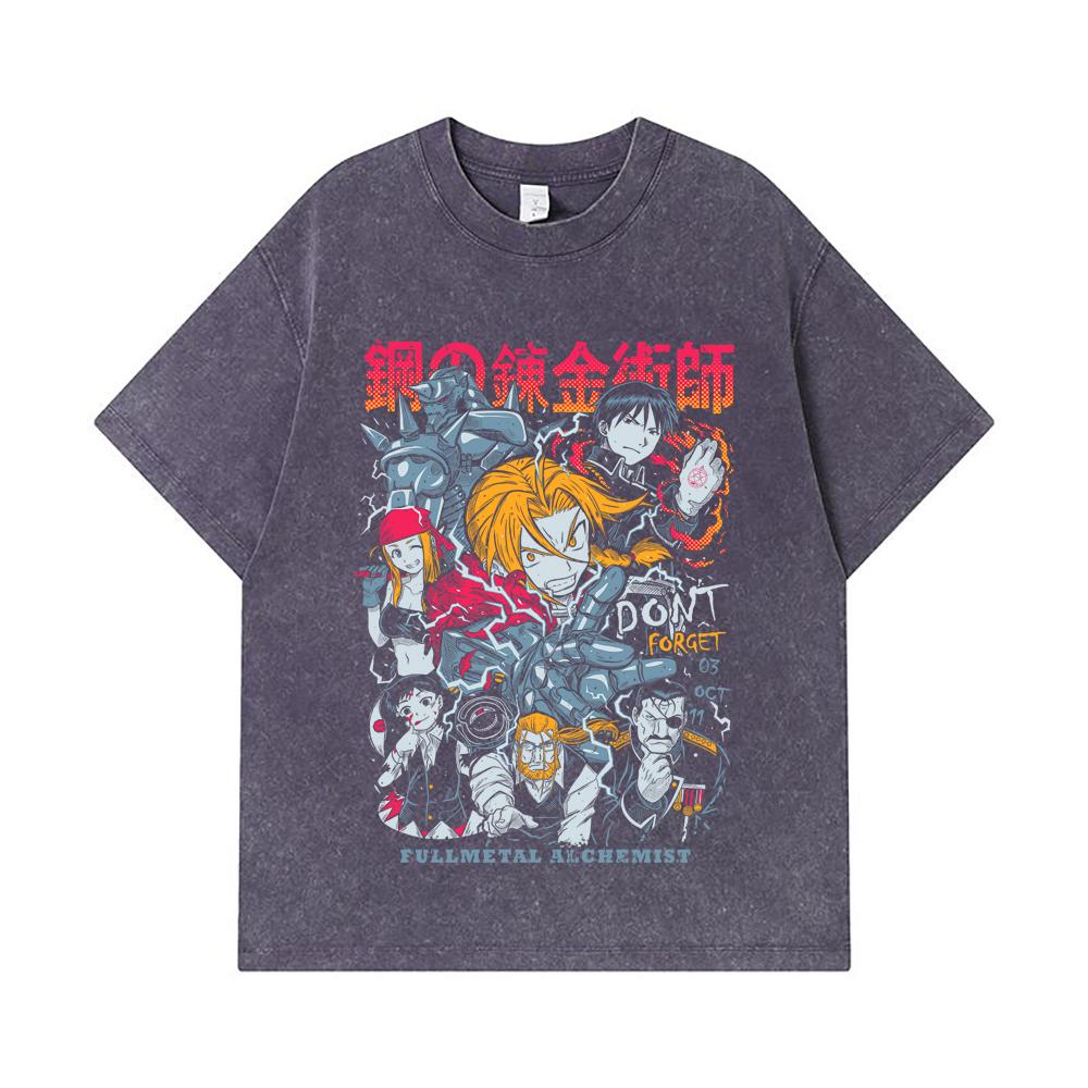 Camisetas Lavadas de 275 GSM 100% Algodón Fullmetal Alchemist V1 Estampado Unisex Camiseta Pesada de Algodón