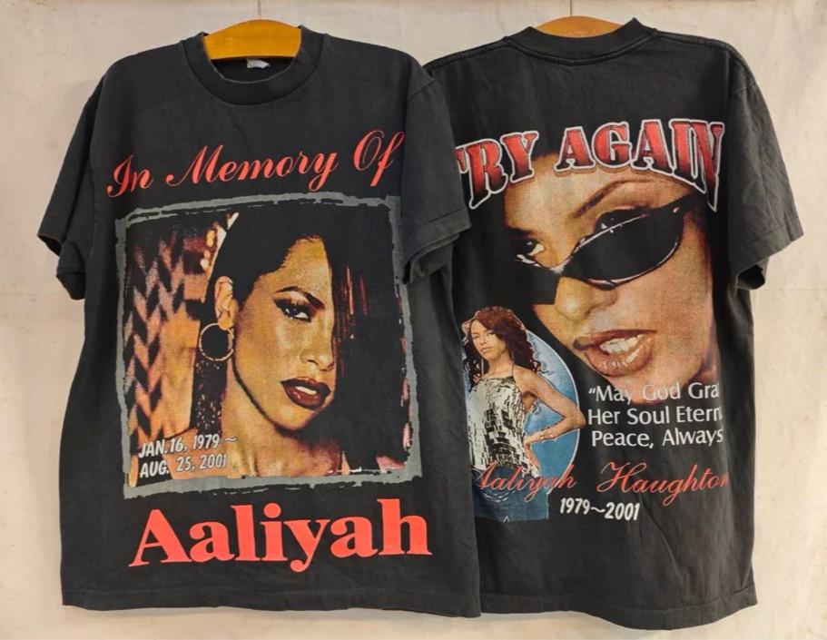Vintage AALIYAH IN MEMEORY 1979-2001 TRY AGAIN 80s Music Sz.L T-Shirt REPRINT L
