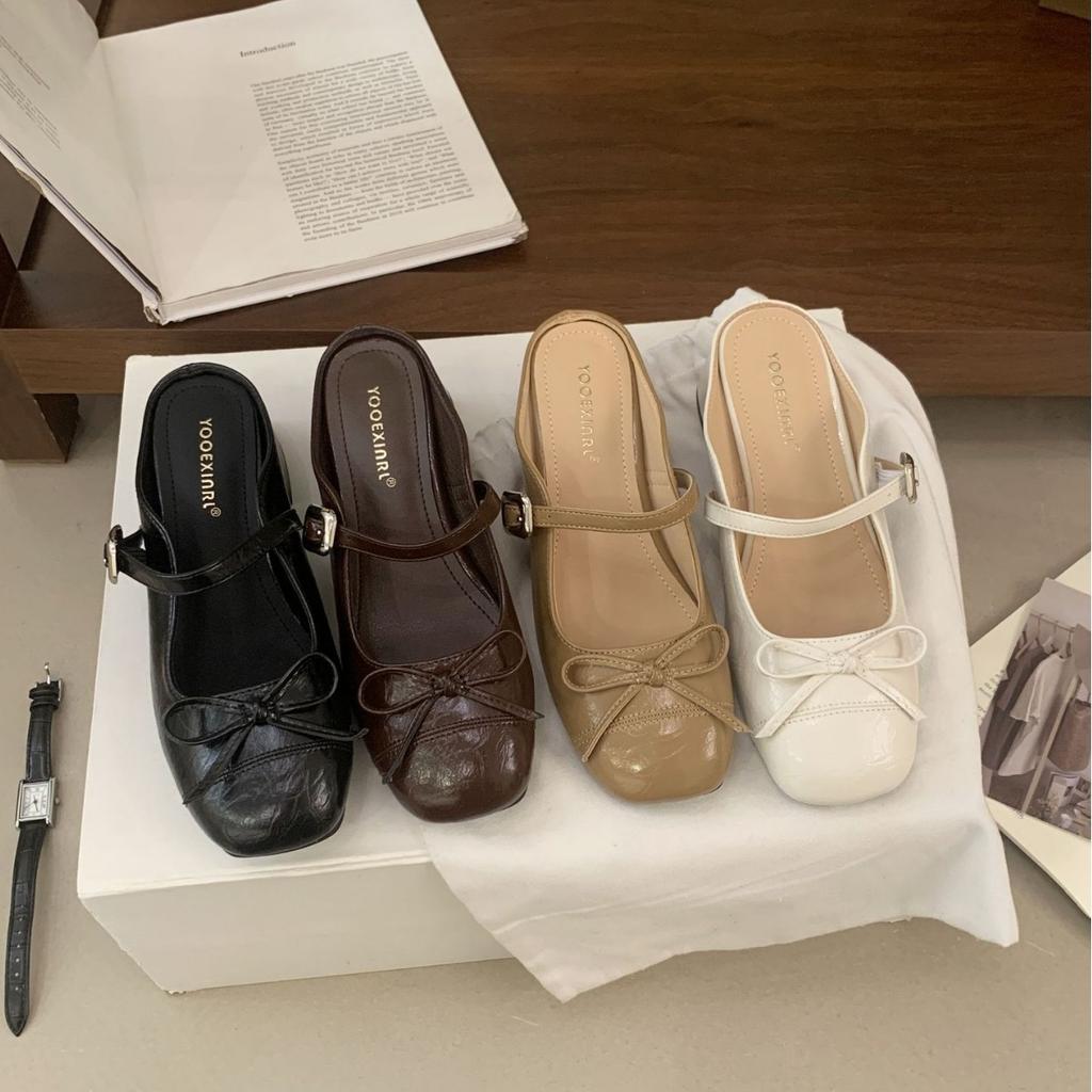 2025 autumn and winter new round head bow with thick middle heel outer wear OL Mary Jane women's half drag
