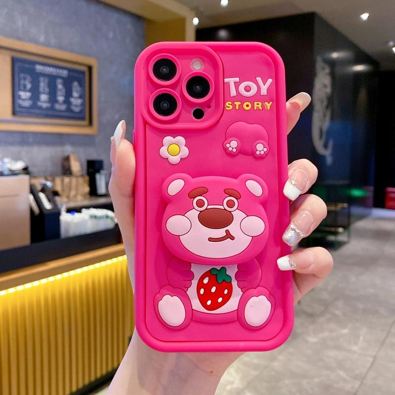 Applicable to Samsung A06 strawberry bear three-dimensional silicone sticker cartoon mobile phone case S25 A17 coal ball bracket cover