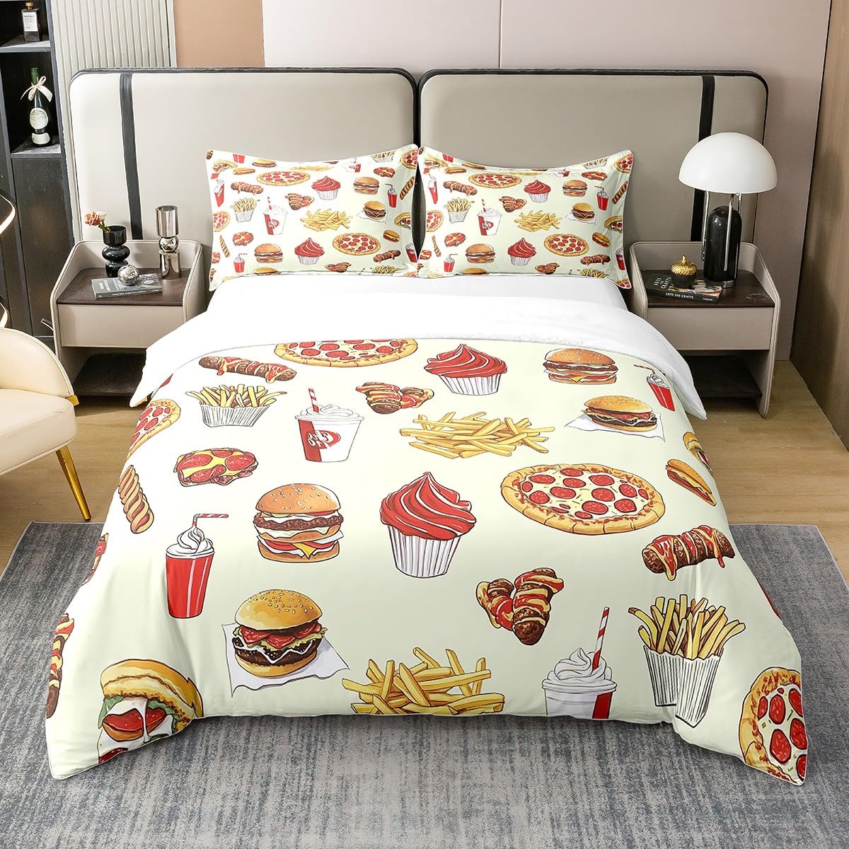 

Hamburger Bed Set for Kids French Fries Bedding Delicious Fast Food Duvet Cover Food Theme Bed Cover Home Decorative Lightweight EU Single(135x200cm)