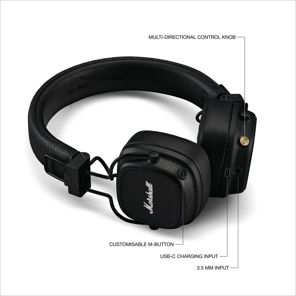 Marshall Major V Wireless On-Ear Headphones, Black, Bluetooth, 100 Hours of Playtime, Qi Charging, and Call Support [Official Japanese Product]
