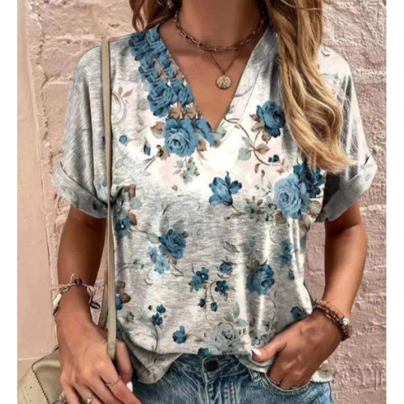 Summer V-neck 3D Vintage Floral Pattern Printed Top Fashionable Casual Short Sleeved Women's T-shirts