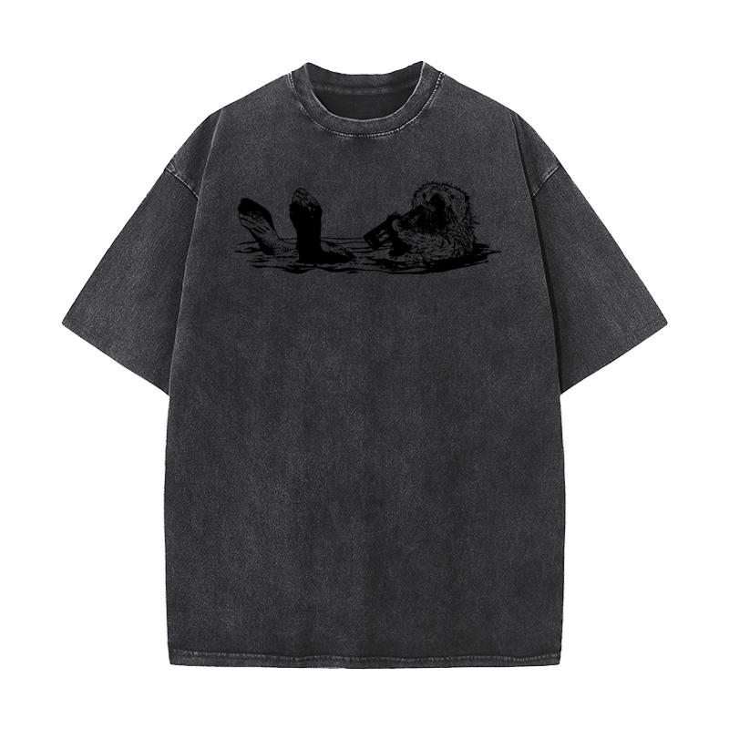 

Cute Otter Short Sleeve Tops Tees Round Collar Premium Cotton Men Retro Washed T Shirts Lose Washed TeeShirt Retro 2XL
