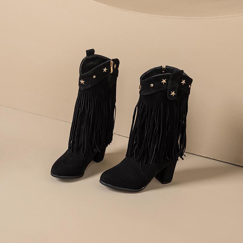 Women's high-heeled short boots autumn and winter new thick-heeled large-size fringed short boots