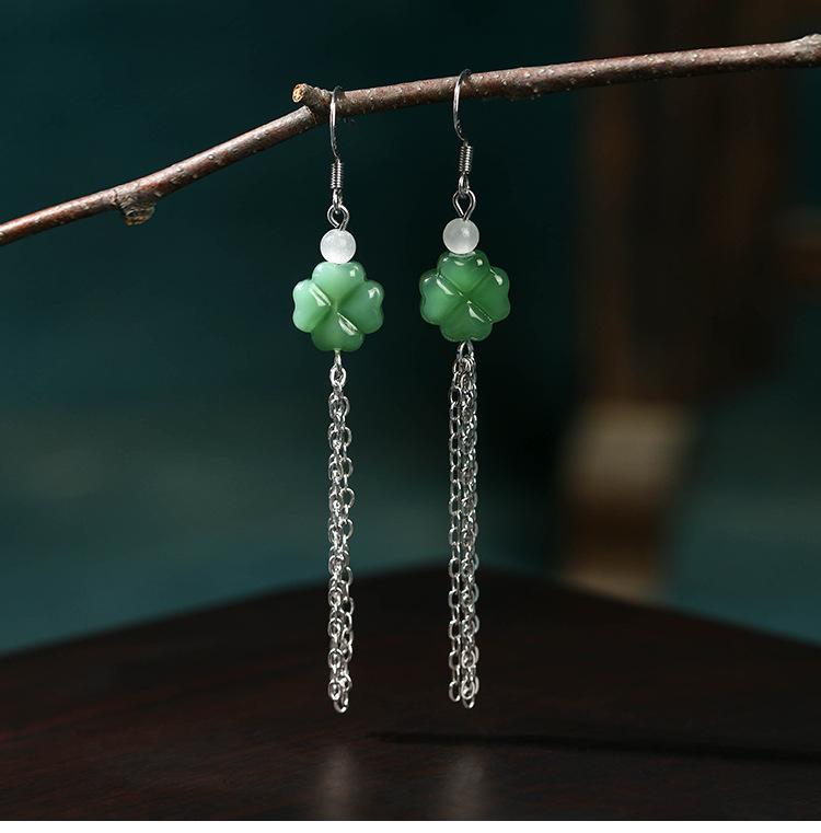 Airyuan Chinese-Inspired Jade Clover Tassel Earrings