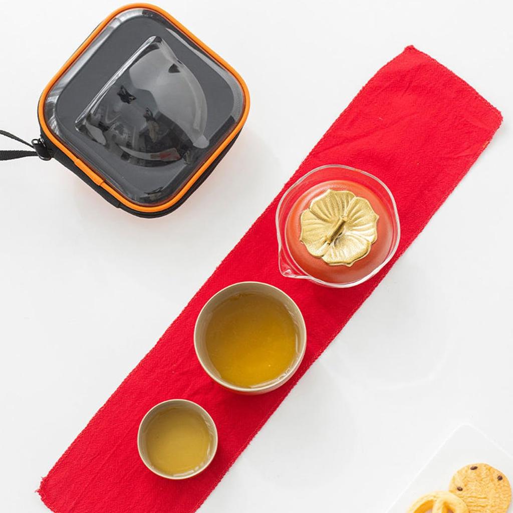 NUZAMAS Portable Travel Tea Set for Adults, Orange Quick Cup, 3 Ceramic Teacups with Teapot for Outdoor Camping, Home, and Office Use