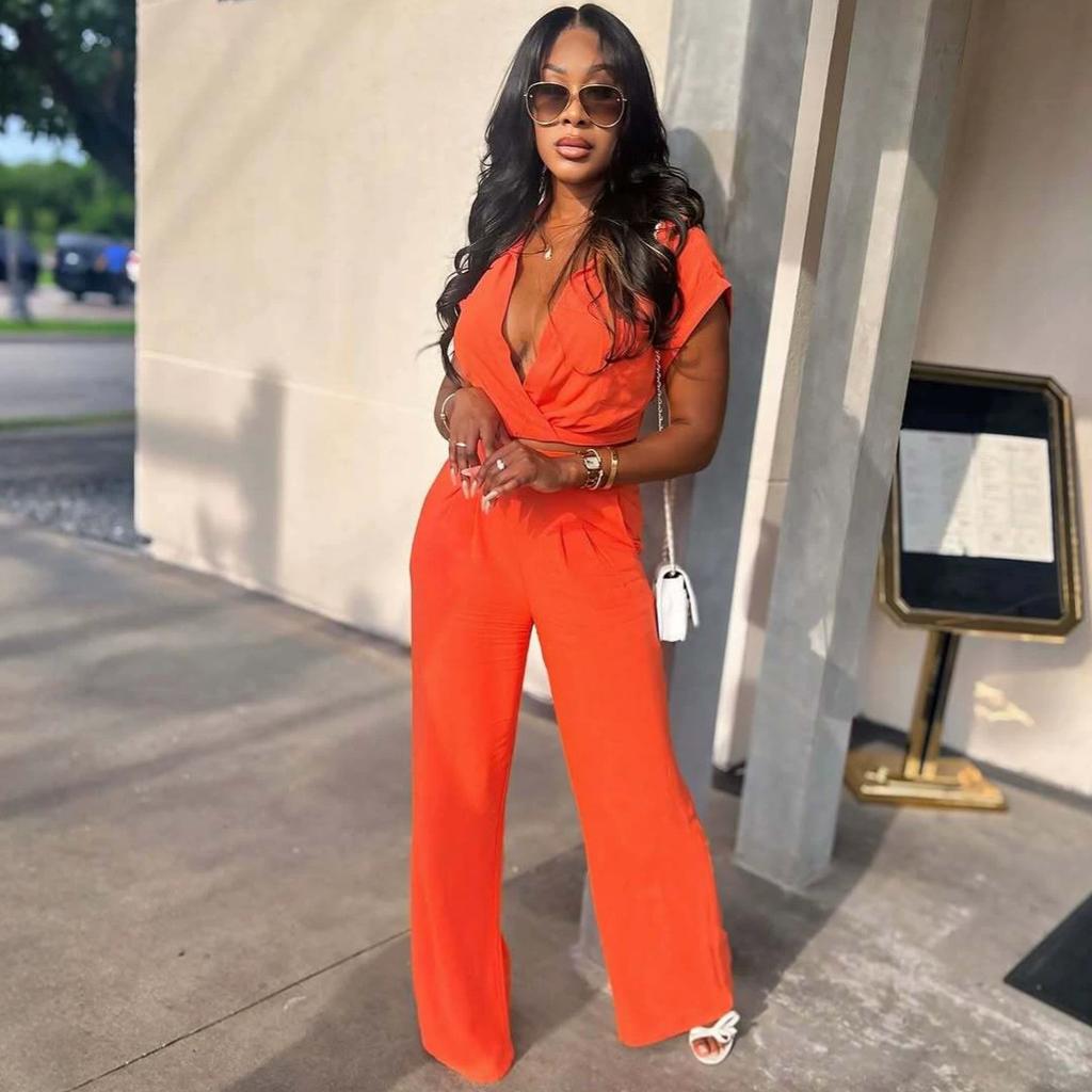European and American Women's Clothing Sexy V-neck Sleeveless Slim-fit Short Top African Fashion Casual Trousers Two-piece Set Women