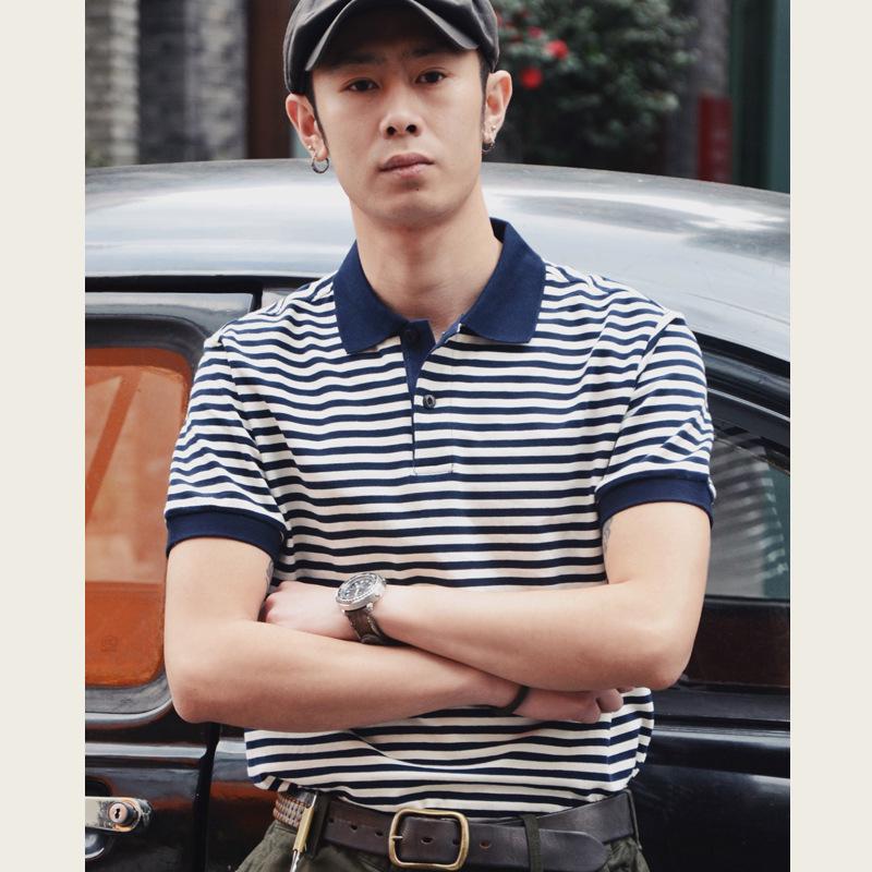 Vintage Sailor Striped Cotton Polo Shirt for Men - Summer Short Sleeve Turn-Down Collar