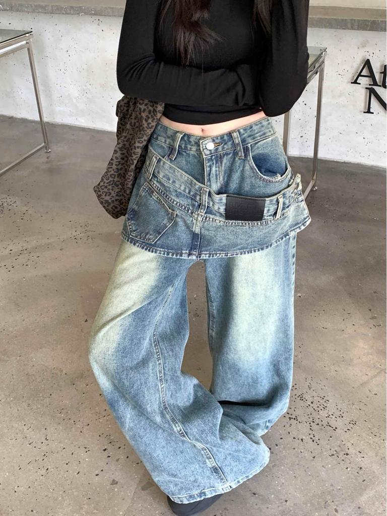 Women's Retro Two-Piece Look Hem Jeans: Loose, Straight-Leg Wide Pants