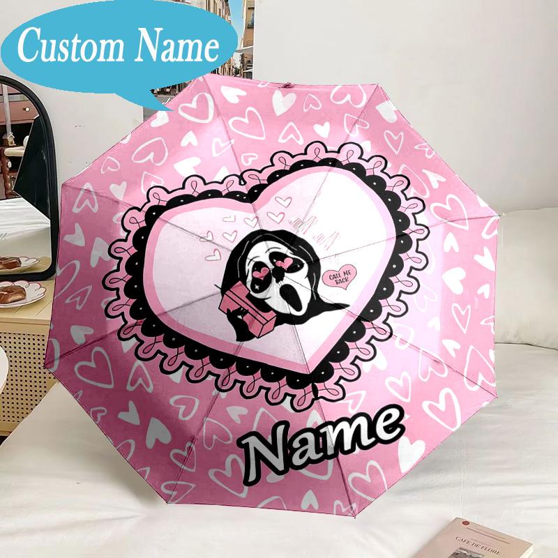 Custom Name Horror Characters Umbrella, 8-Rib Folding Umbrella, Lightweight Portable Design for Lovers, Friends, Perfect Gift for Birthdays
