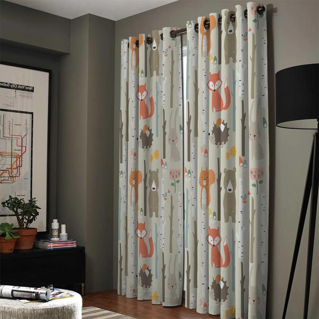 Cartoon Forest Animal Tree Fox Bear Rabbit Child Window Curtains Curtains for Living Room Decorative Items Living Room 2Panels