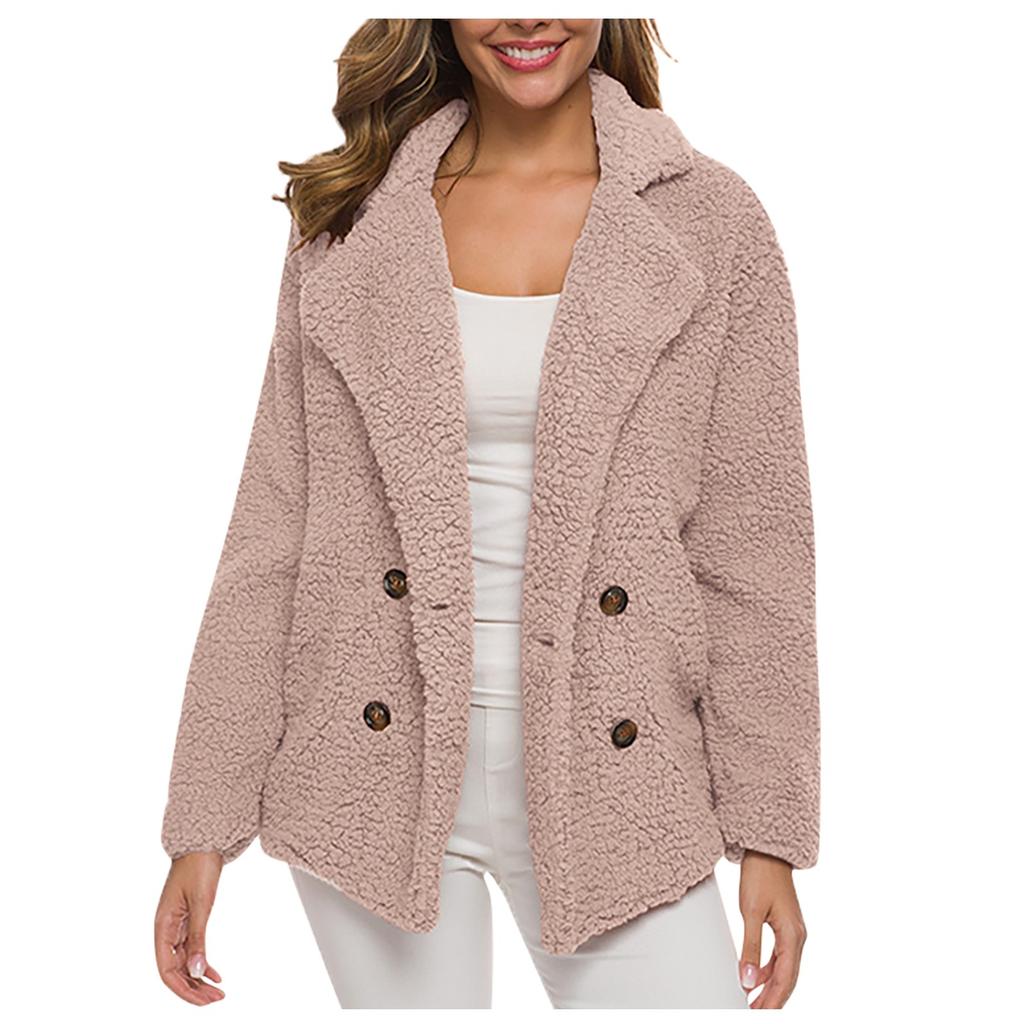 Women's Winter Casual Padded Thickened Suit Collar Button Lambswool Jacket Cardigan