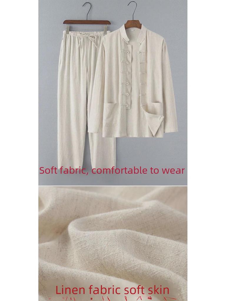 Chinese Style Summer Linen Tang Suit: Men's Retro Hanfu Long-Sleeved Jacket for Middle-Aged and Elderly